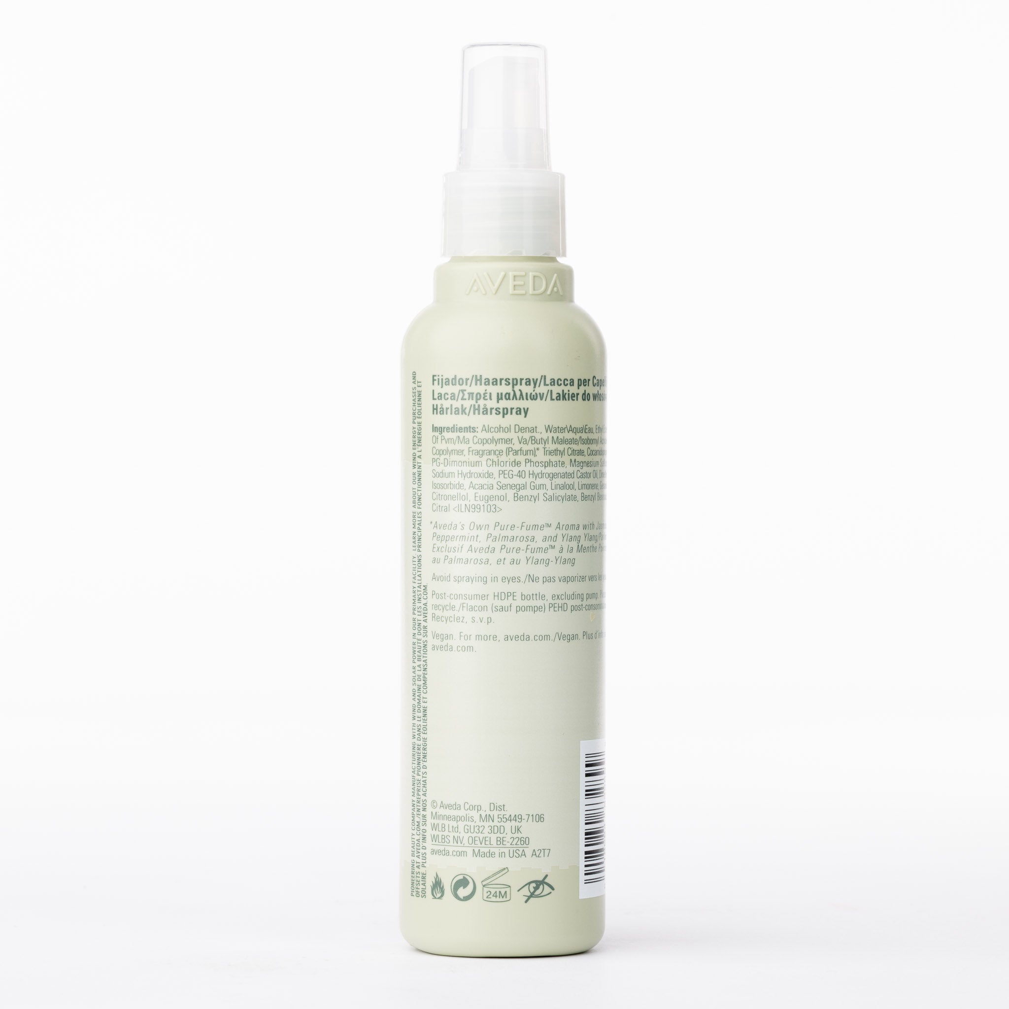 Aveda Hairspray, luxury vegan styling spray in a pale green bottle with a white pump.