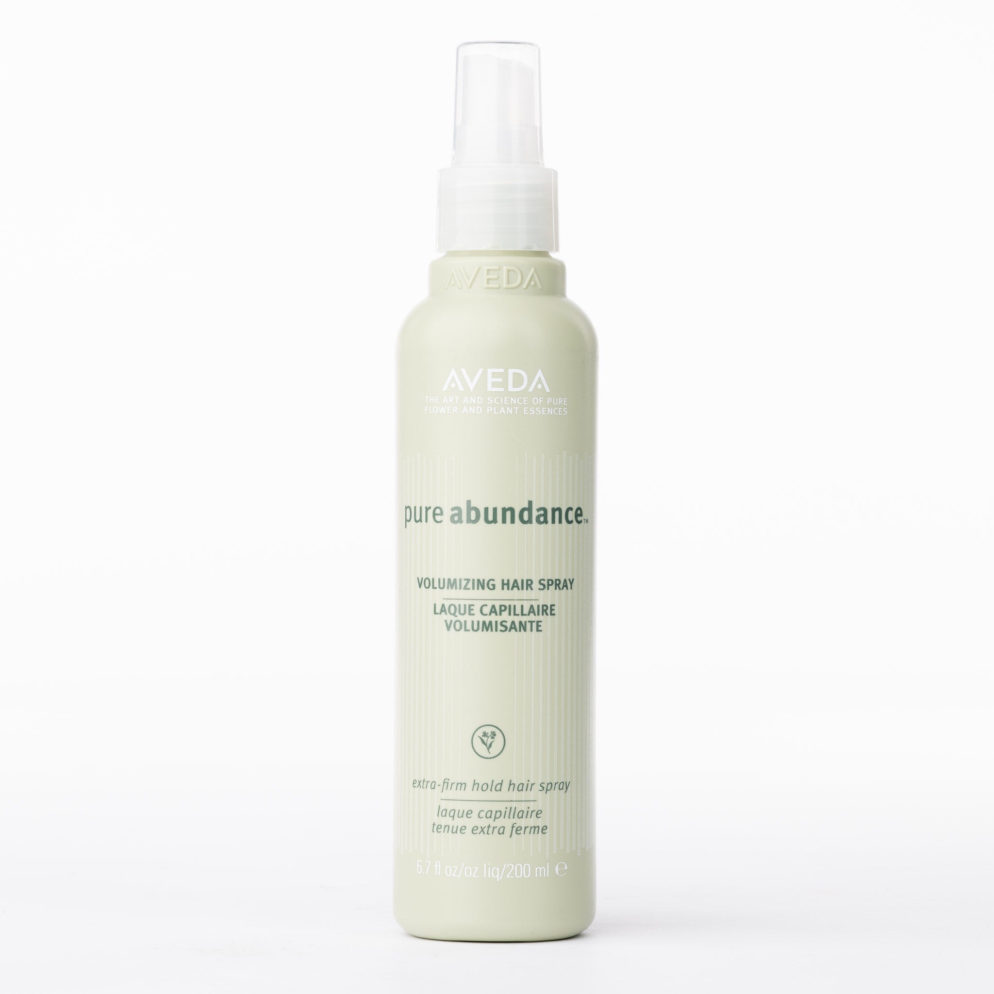 Aveda Pure Abundance Volumising Hair Spray, pale green 200ml bottle, extra-firm hold.