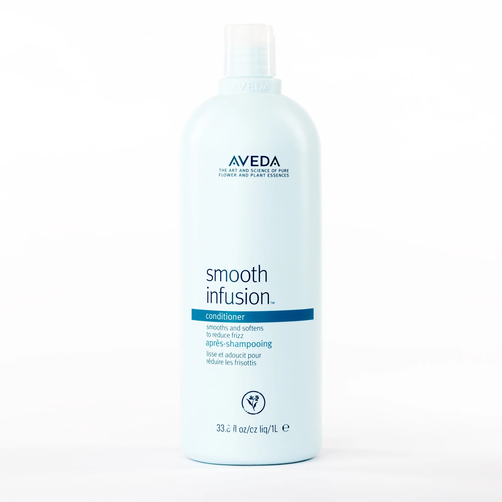 Back label of Aveda Smooth Infusion Conditioner 1 litre showing full ingredient list and usage directions