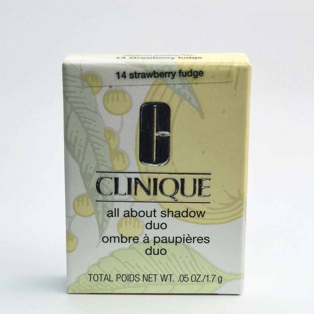 Clinique All About Shadow Duo 14 Strawberry Fudge back panel showing ingredients and claims