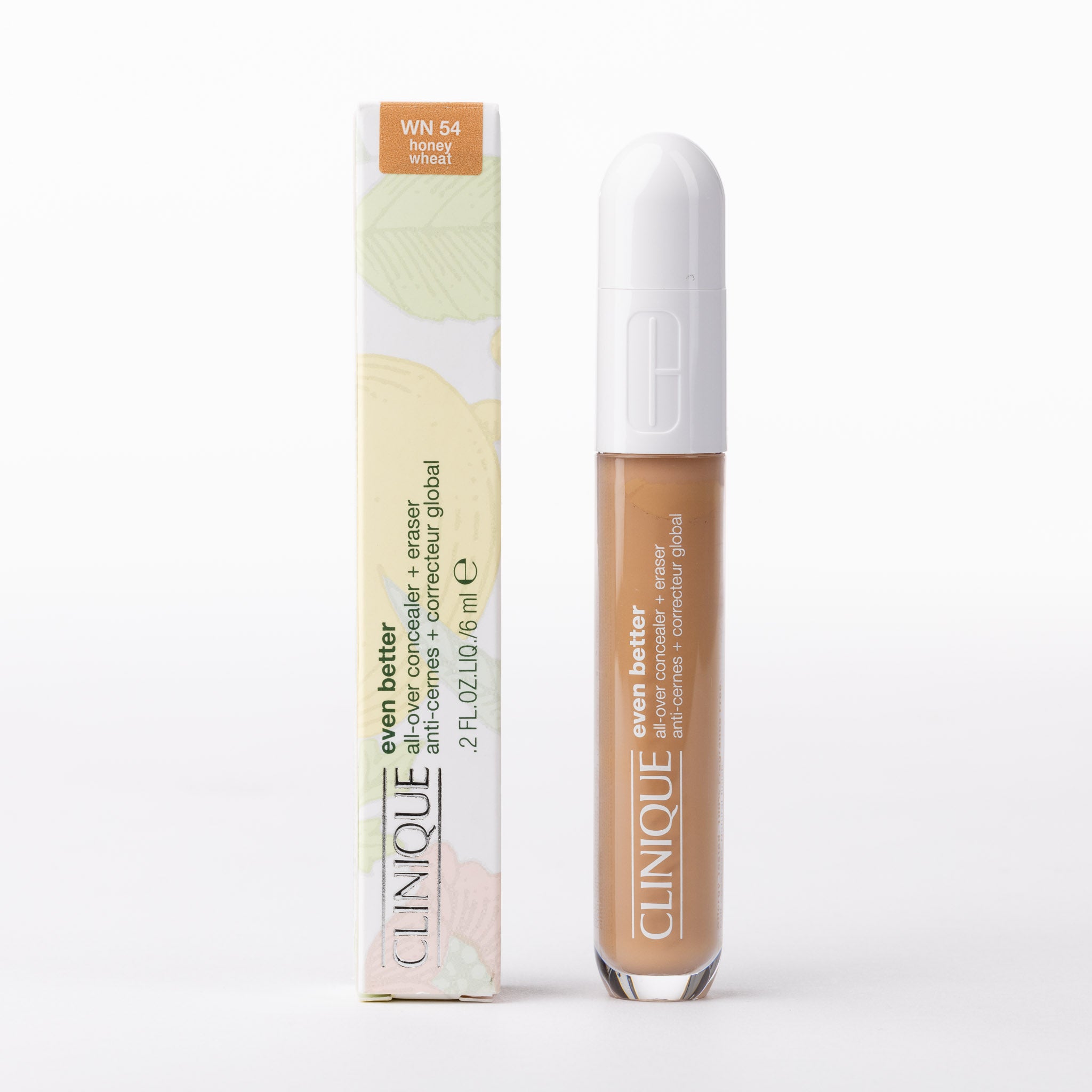 Clinique Even Better all-over concealer + eraser, WN 54 honey wheat. Warm brown liquid in tube & box.