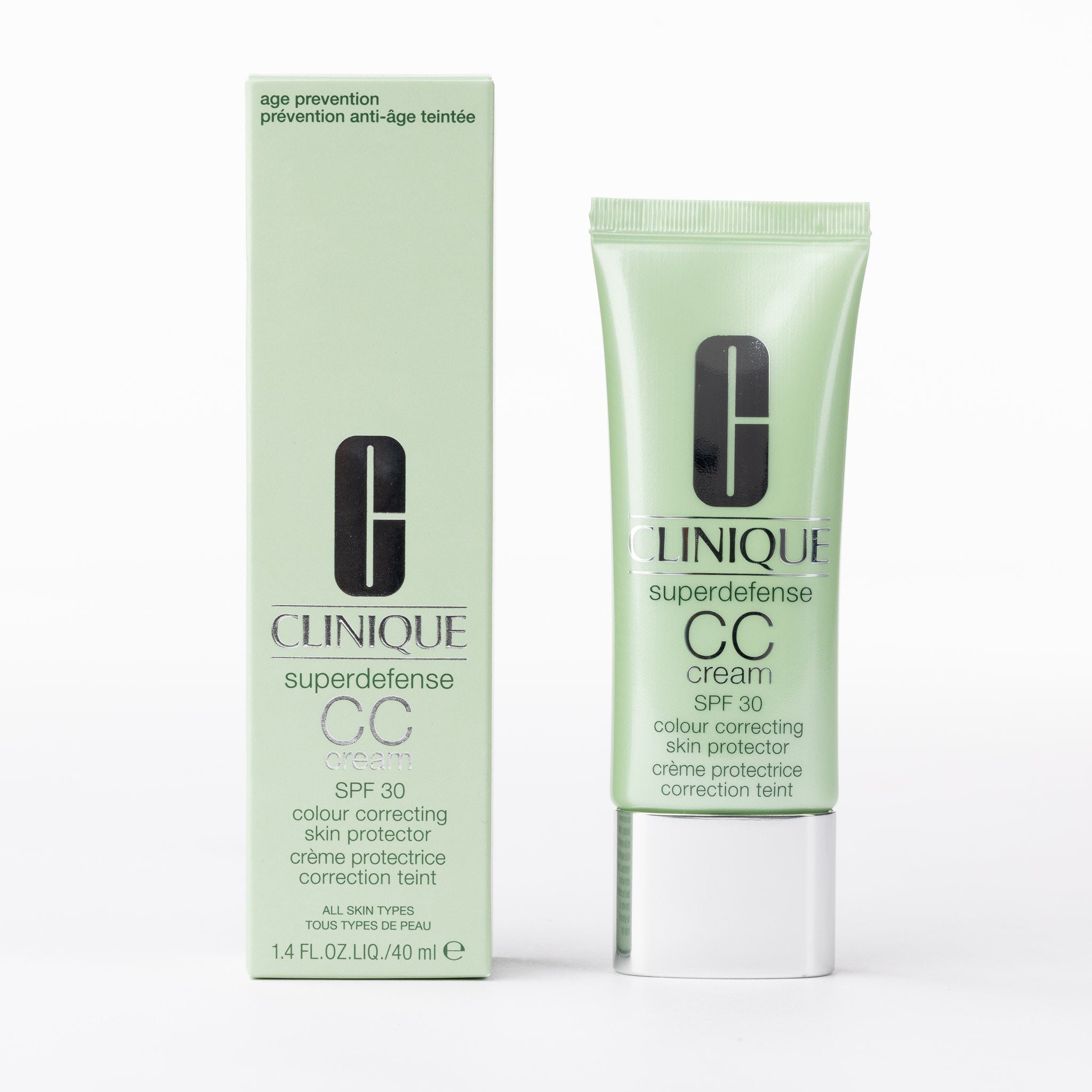 Clinique Superdefense CC Cream SPF 30 light green tube & box, a colour correcting skin protector.
