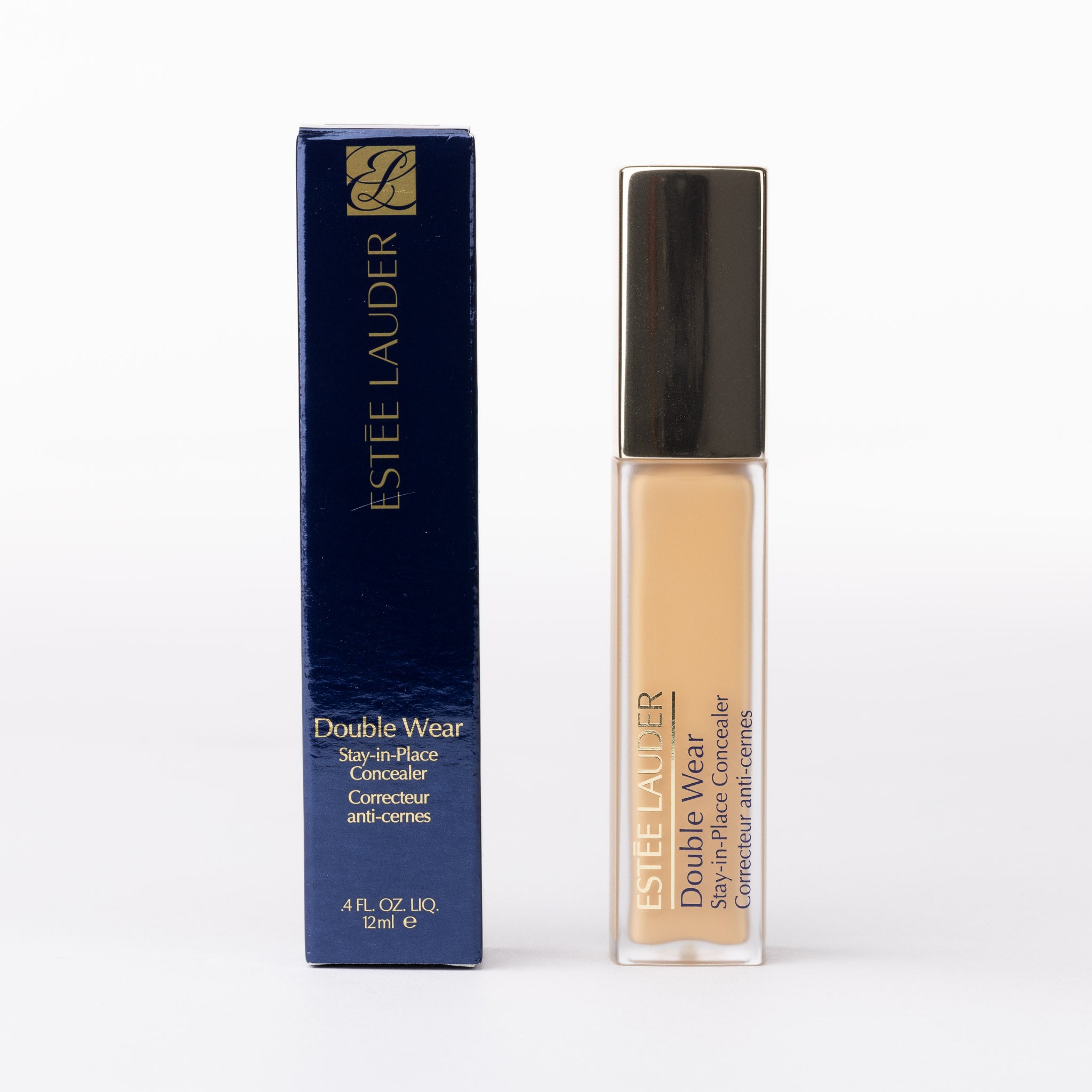 Estée Lauder Double Wear Stay-in-Place Concealer, natural beige liquid in a clear bottle with a gold cap & blue box.
