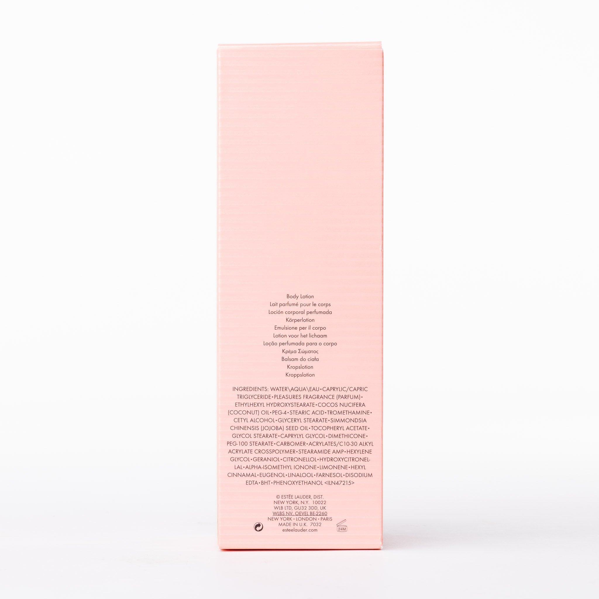 Estée Lauder Pleasures Body Lotion. Luxurious fragranced skin moisturiser in a soft pink bottle.