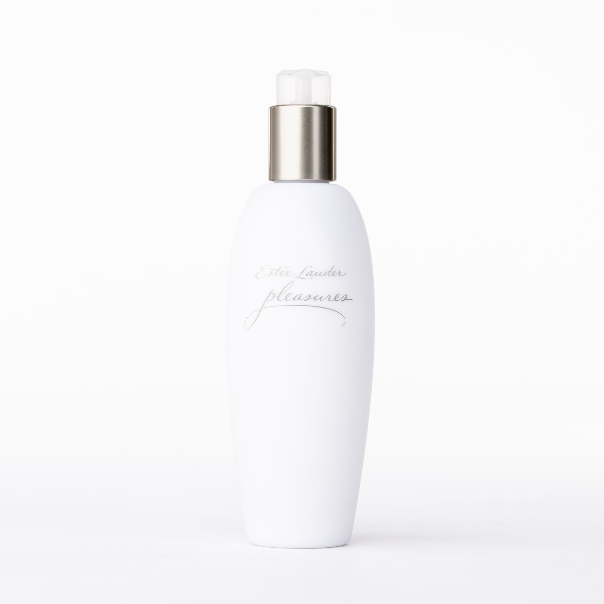 Estée Lauder Pleasures luxury white body moisturiser, elegant silver branding & faceted clear pump top.