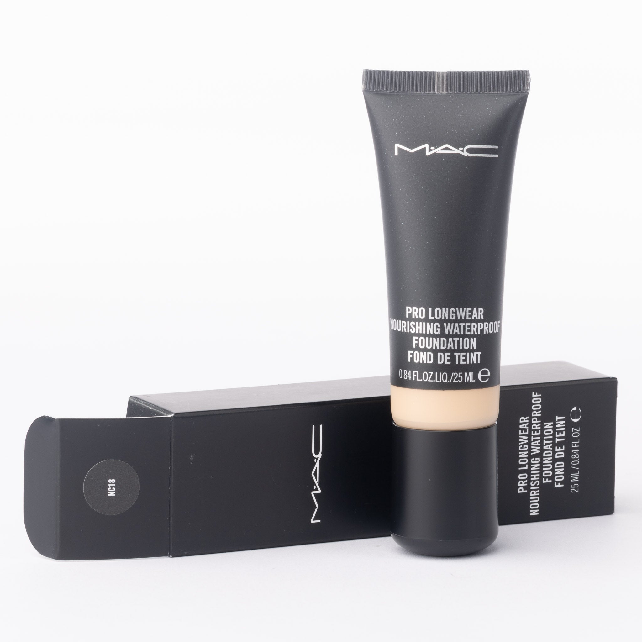 MAC Pro Longwear Nourishing Waterproof Foundation NC18 25ml tube and packaging on a white background