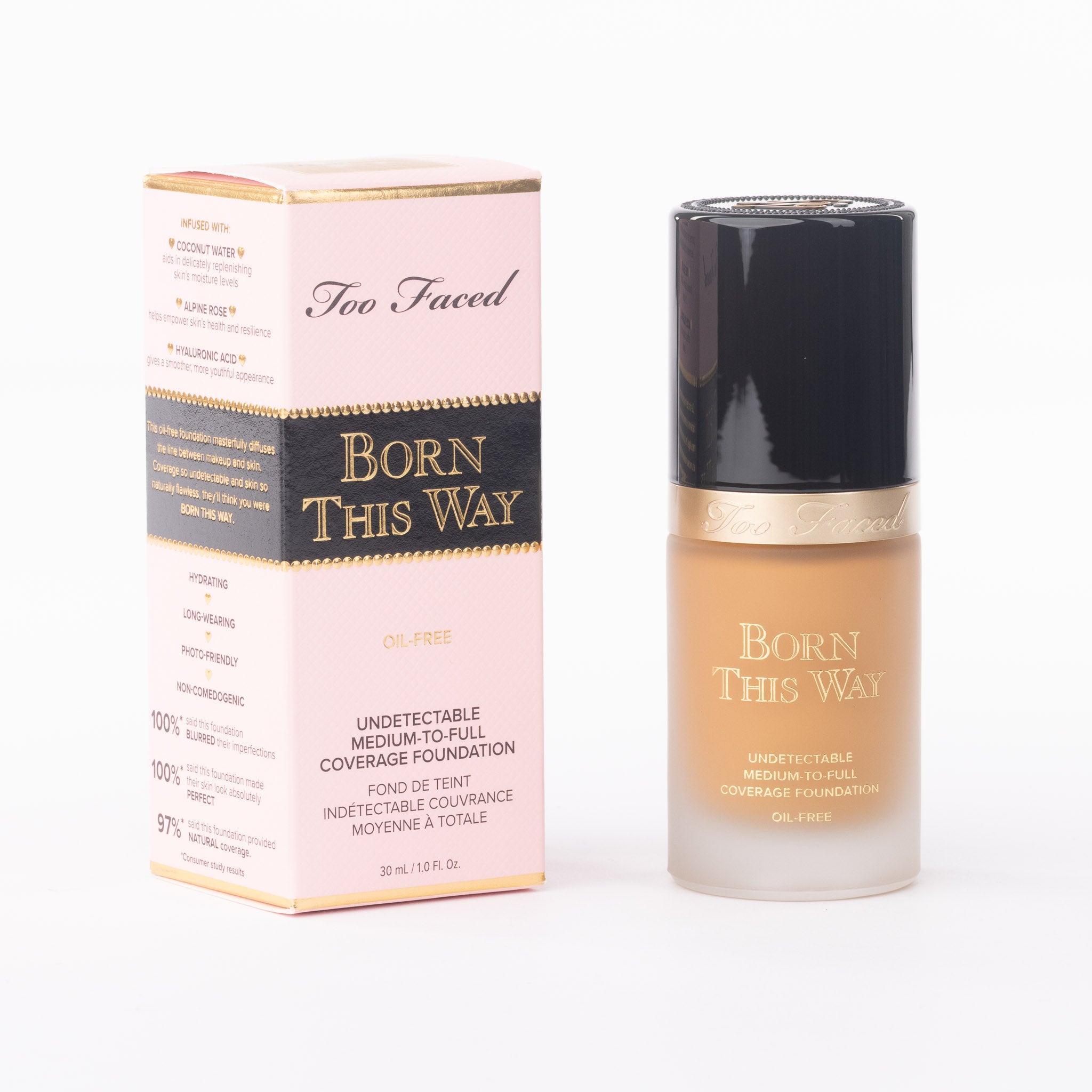 Too Faced Born This Way Foundation Warm Sand 30ml bottle, oil-free undetectable coverage on clean white background