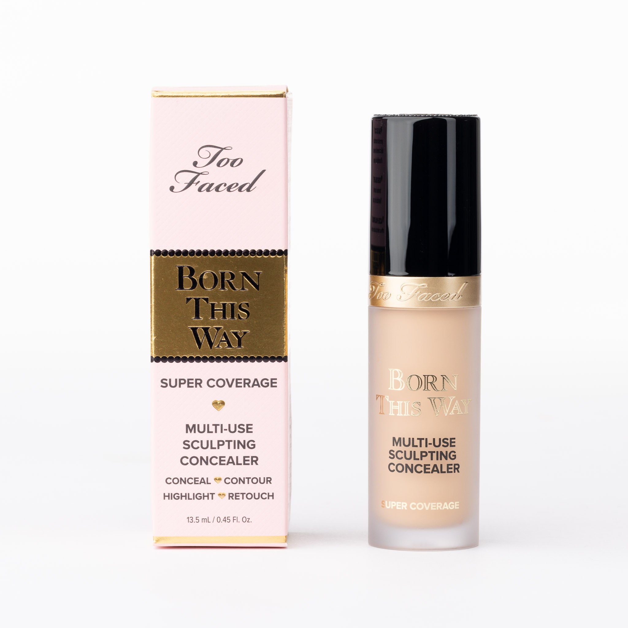 Too Faced Born This Way Super Coverage Multi-Use Sculpting Concealer, light nude colour in pink & gold packaging.