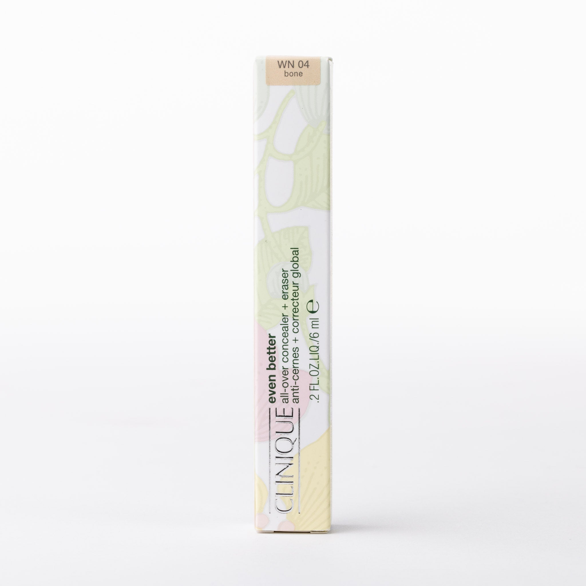 Clinique Even Better All-Over Concealer + Eraser, WN 04 bone, in pastel patterned box.