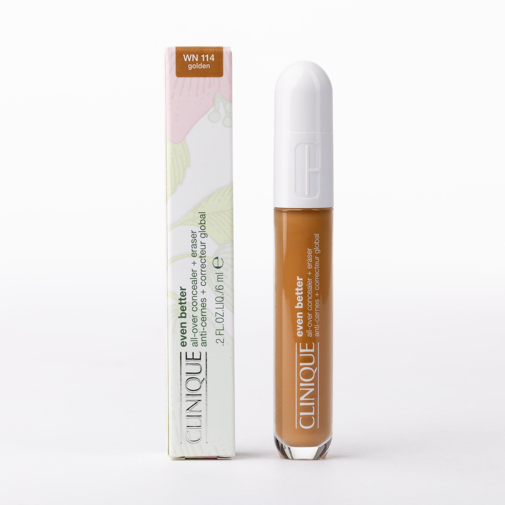 Clinique Even Better All-Over Concealer + Eraser WN 114 golden. Luxury brown tube & box, showing the rich golden complexion colour.