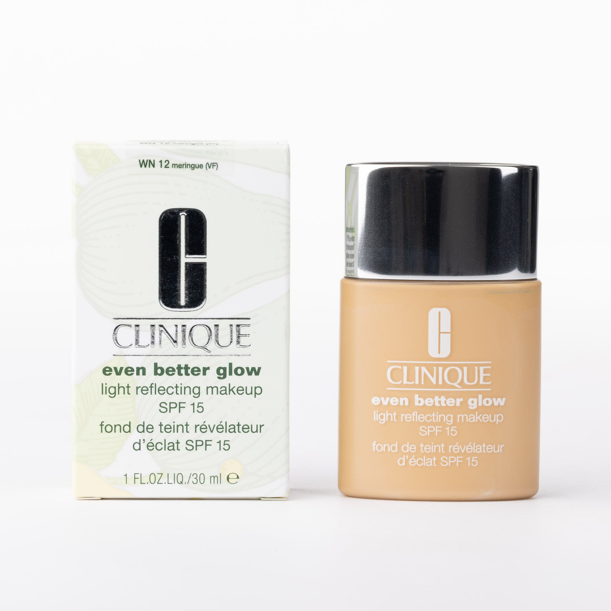 Clinique Even Better Glow SPF 15 foundation, WN 12 meringue (light beige). Light reflecting makeup, bottle & box.