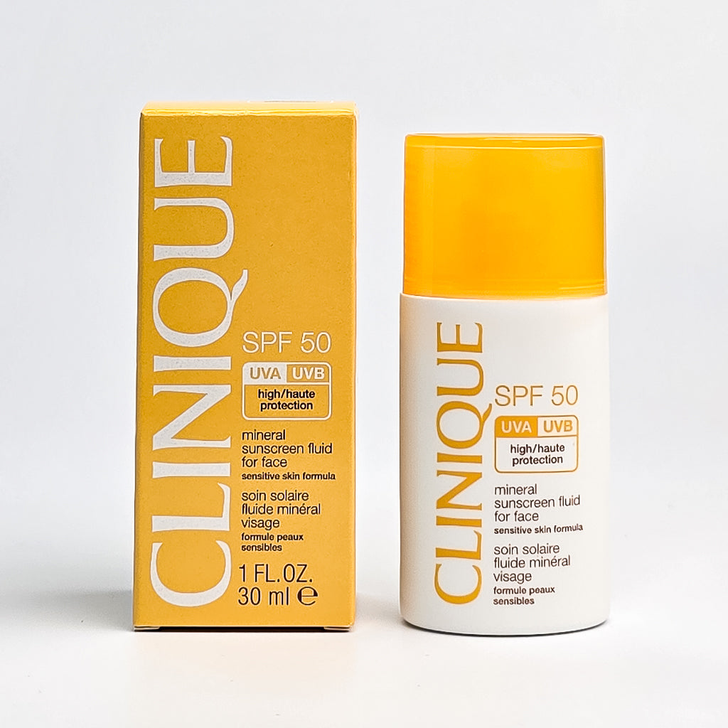 Clinique Mineral Sunscreen Fluid SPF 50 box front showing broad spectrum UVA UVB protection