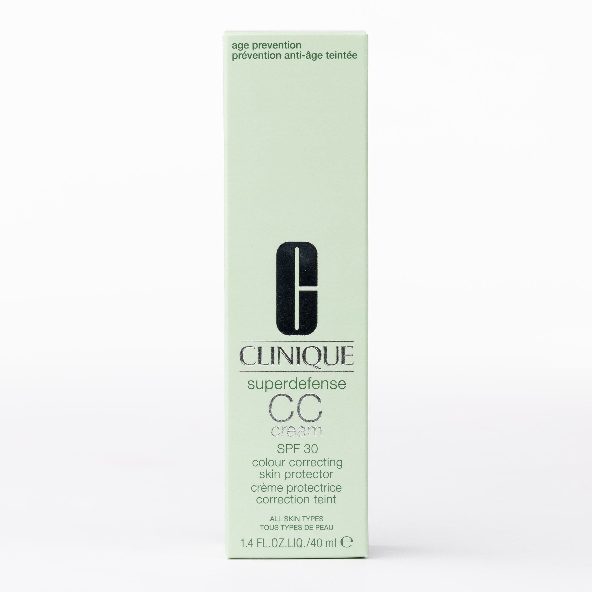 Clinique Superdefense CC Cream SPF 30, colour correcting skin protector, age prevention, 40ml pale green box.