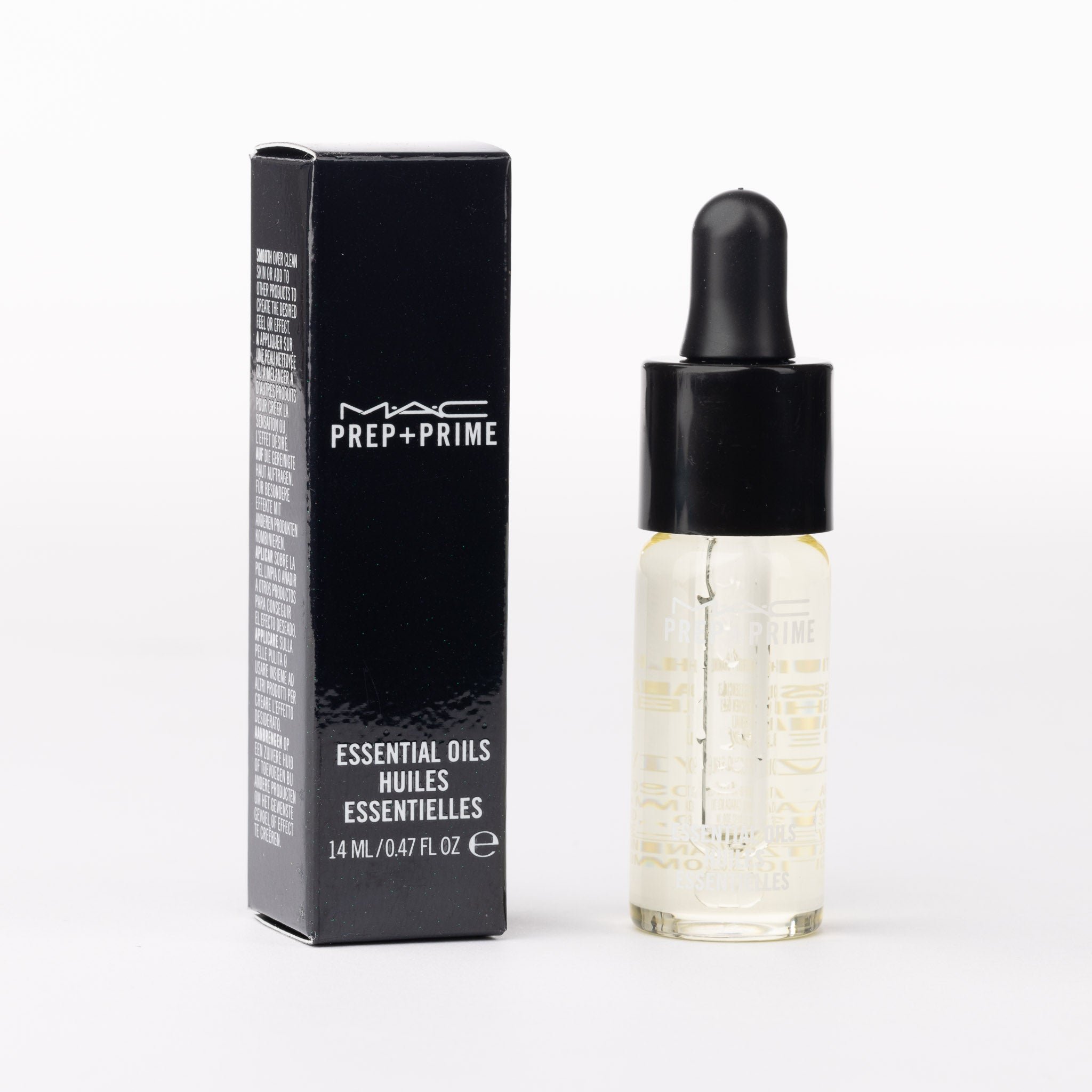 MAC Prep + Prime Essential Oils 14ml. Clear dropper bottle & black box. Luxurious facial oil for skin prep.