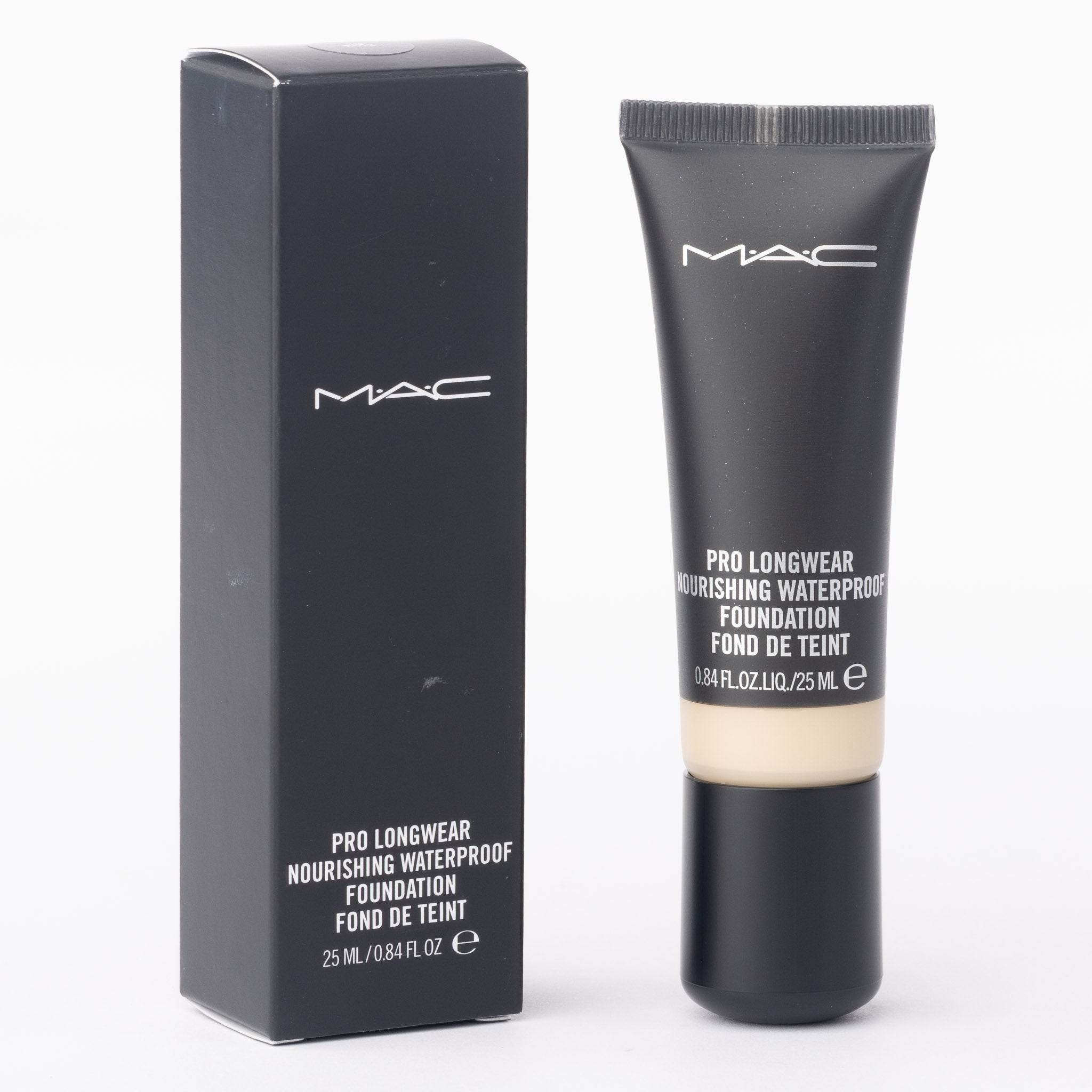 MAC waterproof foundation NC12 25ml product and box on clean white background