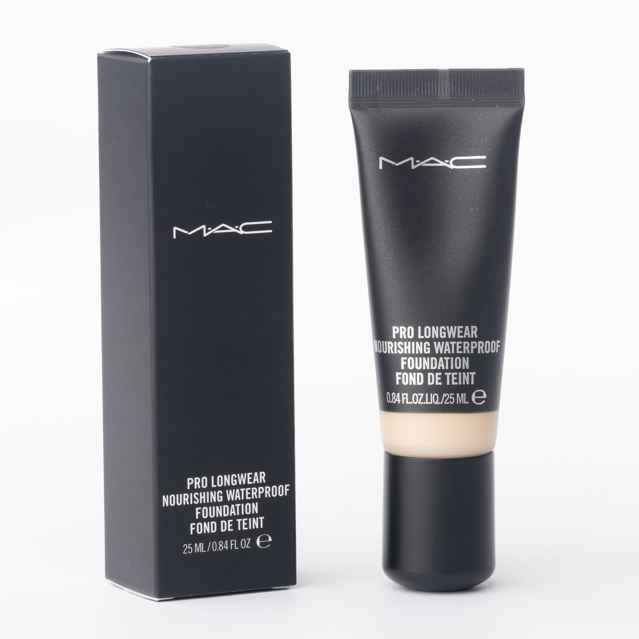 MAC waterproof foundation NC15 25ml tube and box with full ingredient list visible
