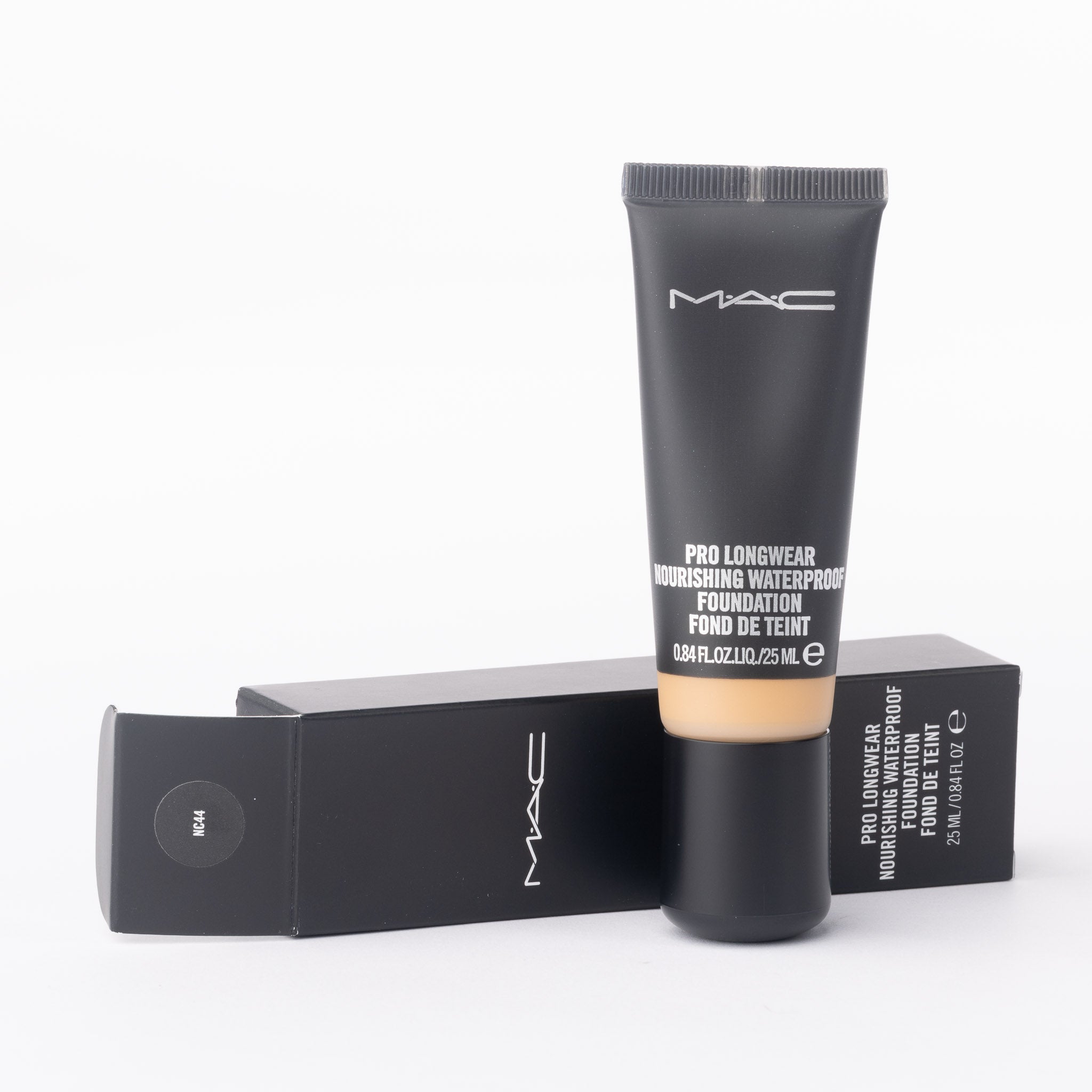 MAC waterproof foundation NC44 25ml tube and box showing full coverage satin finish