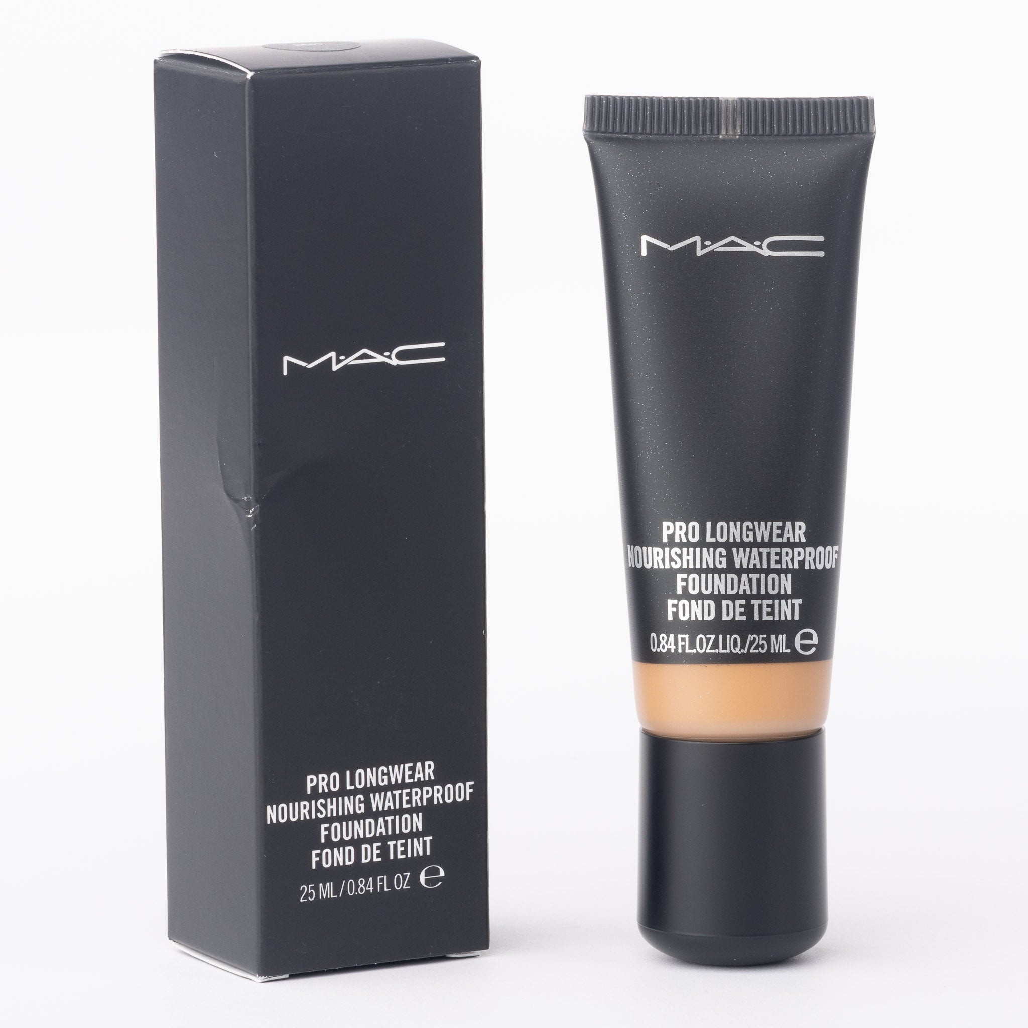 MAC waterproof foundation shade NC45 front view showing warm golden-undertone liquid formula