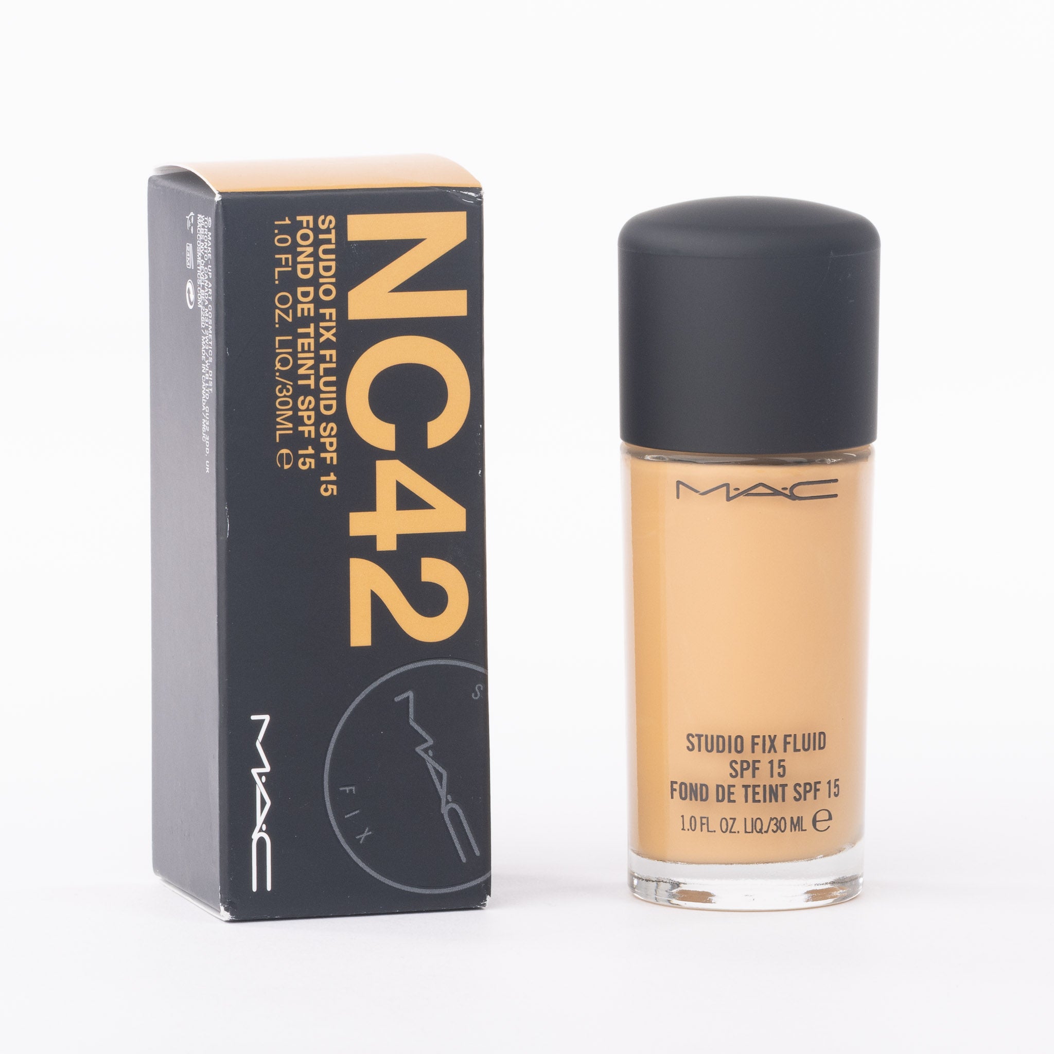MAC Studio Fix Fluid SPF 15 foundation in shade NC42, warm golden-beige liquid formula