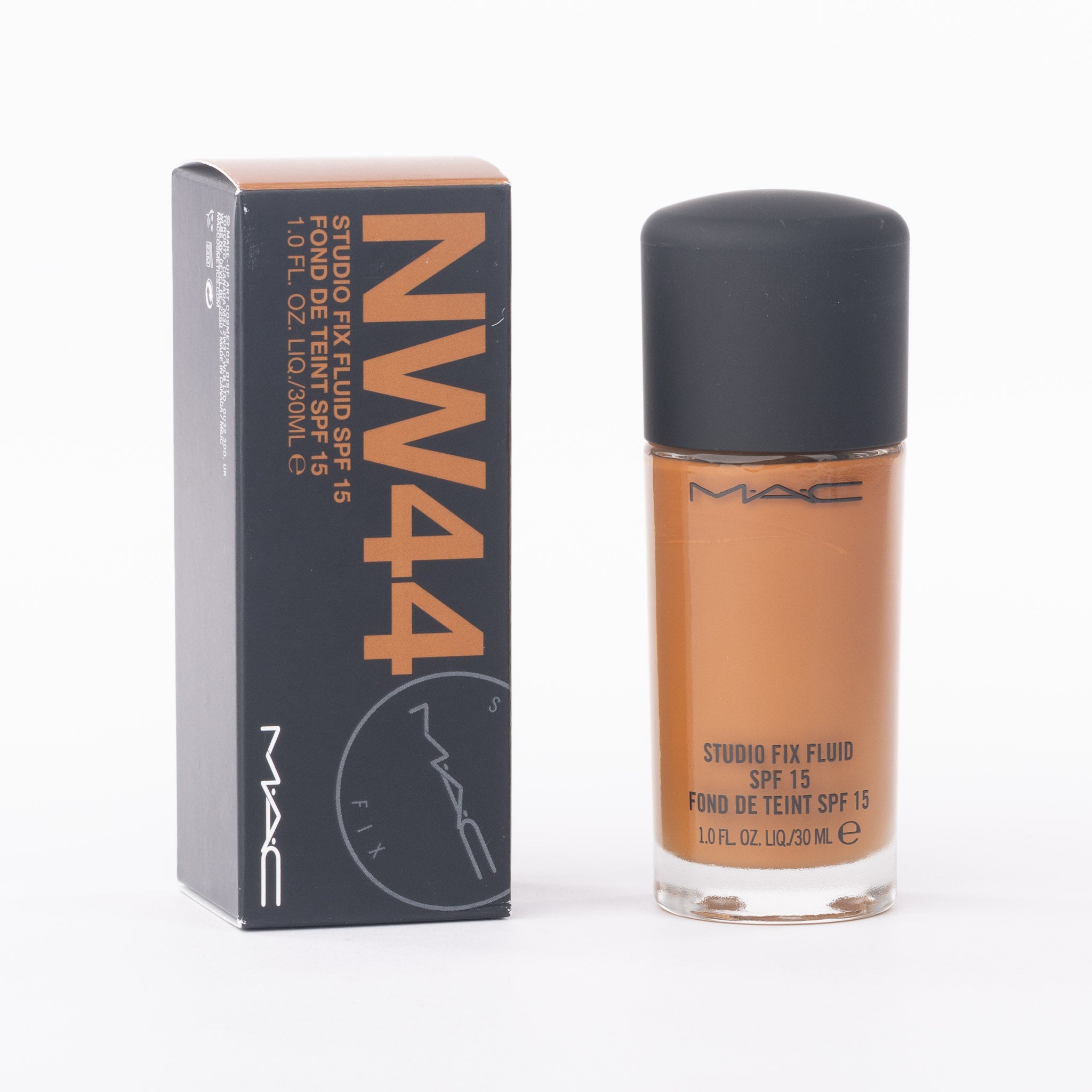 MAC Studio Fix Fluid SPF 15 foundation in shade NW44, front view of 30ml glass bottle