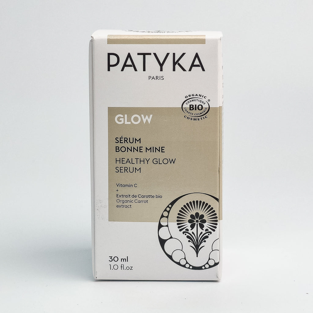 Patyka Healthy Glow Serum front packaging showing COSMOS Organic certification