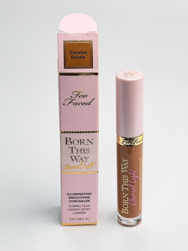 Too Faced Born This Way Ethereal Light Concealer tube in Caramel Drizzle shade showing illuminating formula