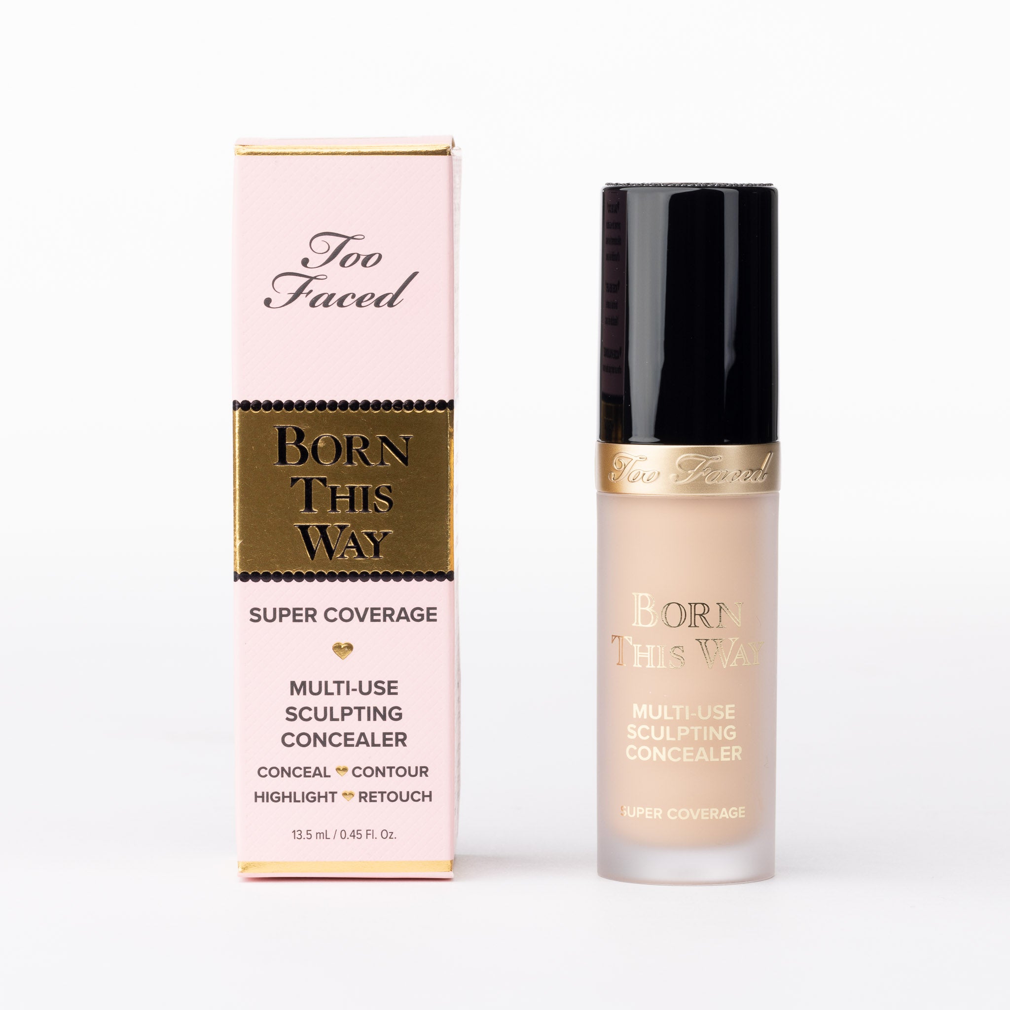 Too Faced Born This Way Super Coverage Multi-Use Sculpting Concealer. Natural light liquid in luxurious pink & gold packaging.