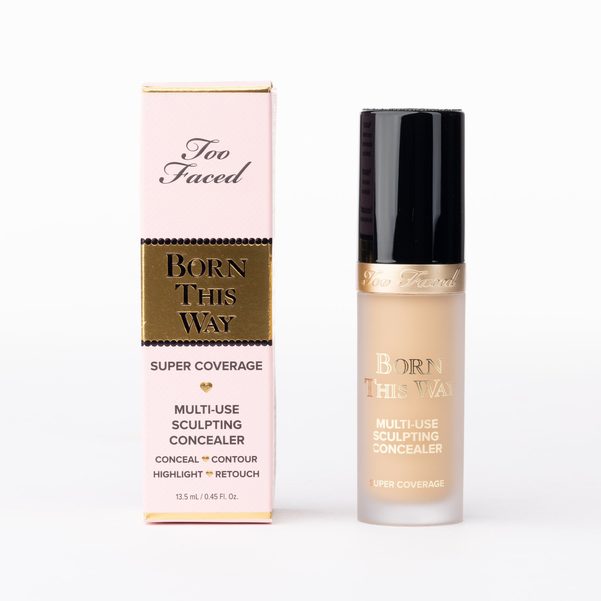 Too Faced Born This Way Multi-Use Sculpting Concealer. Light beige liquid in frosted bottle with box. Super coverage.