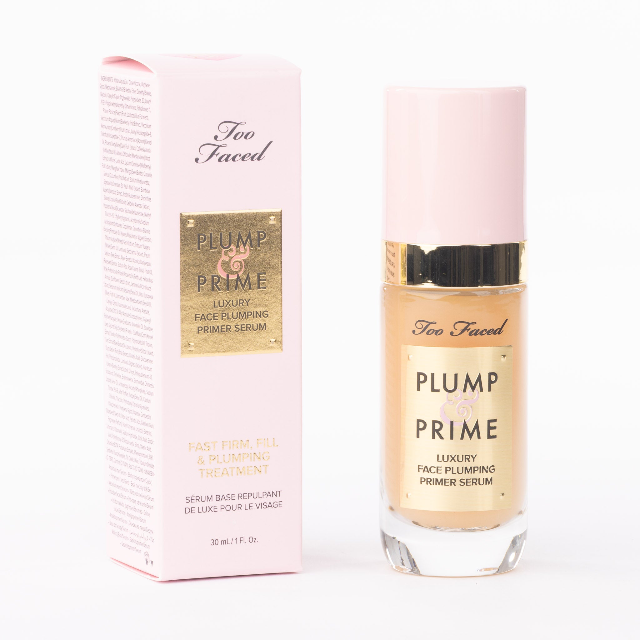 Too Faced Plump & Prime Luxury Face Plumping Primer Serum 30ml bottle on clean white background